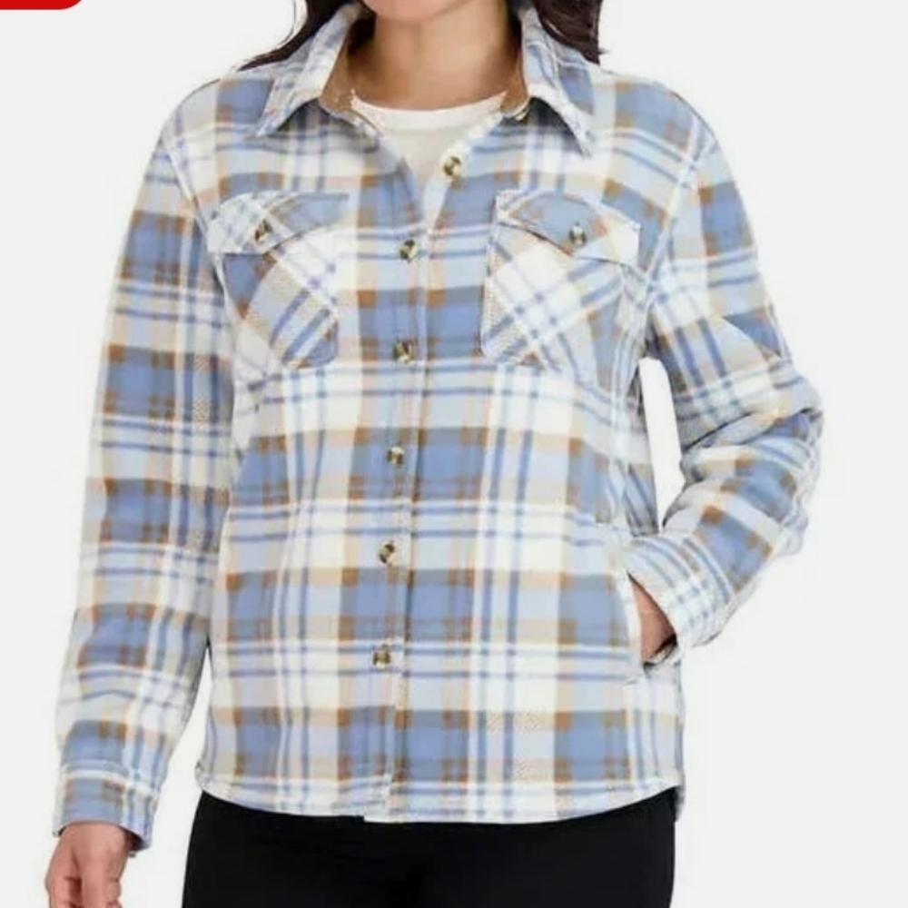 Sage Collective Sherpa Lined Blue, Cream & Tan Plaid Fleece Jacket Size XL